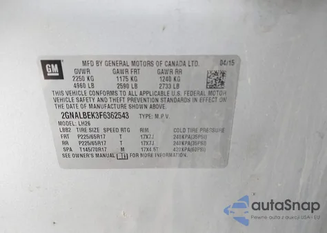 2015 Chevrolet Equinox 1Lt from USA, damaged, VIN 2GNALBEK3F6362543